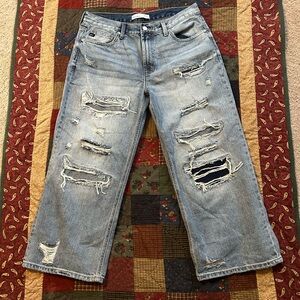 KanCan Distressed Wide Leg Cropped Jeans - Light Sandblast - Size 29